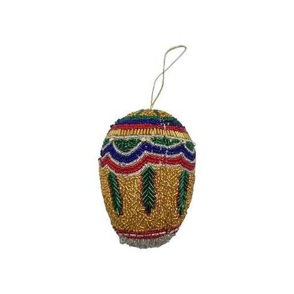 Vintage Hand Beaded Seed Bead Egg-Shaped Christmas Ornament Gold Large ~4.5" - Picture 1 of 9